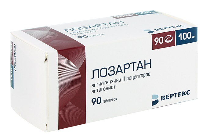 Упаковка препарата Лозартан 100 мг, 90 таблеток, антагонист рецепторов ангиотензина II, Вертекс