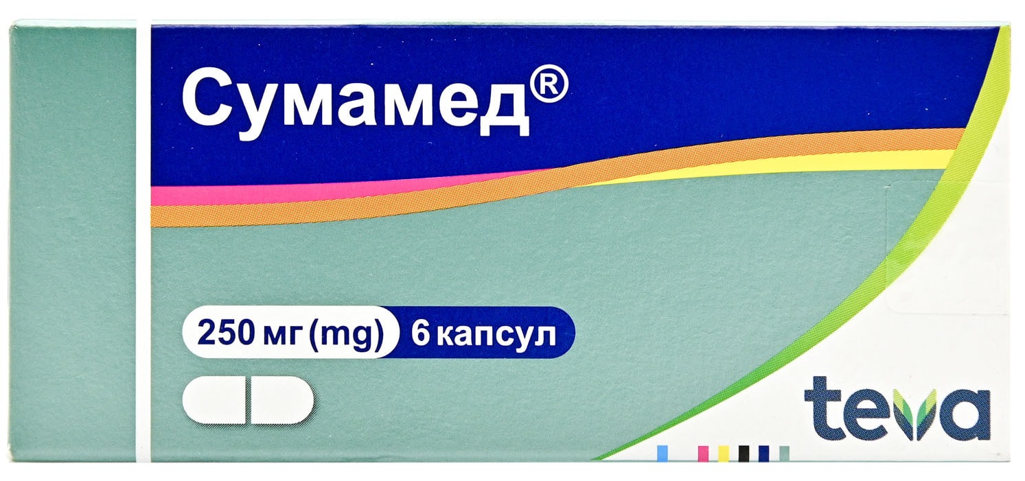 Упаковка препарата Сумамед 250 мг, 6 капсул, производитель Teva