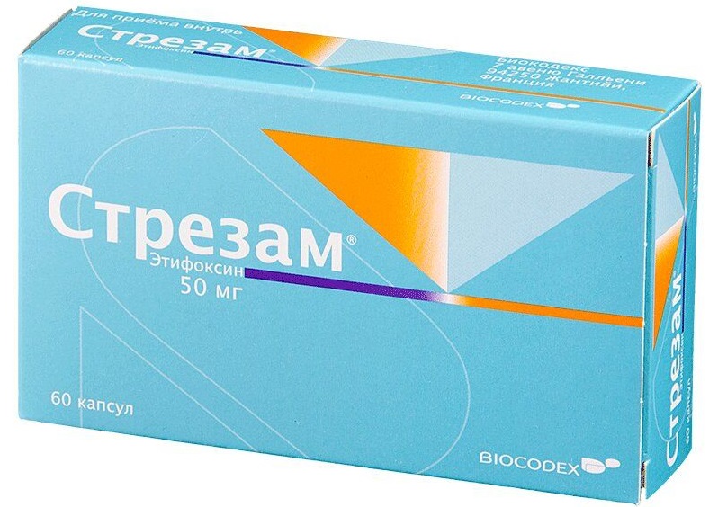 Упаковка препарата Стрезам 50 мг (этифоксин), 60 капсул, Biocodex