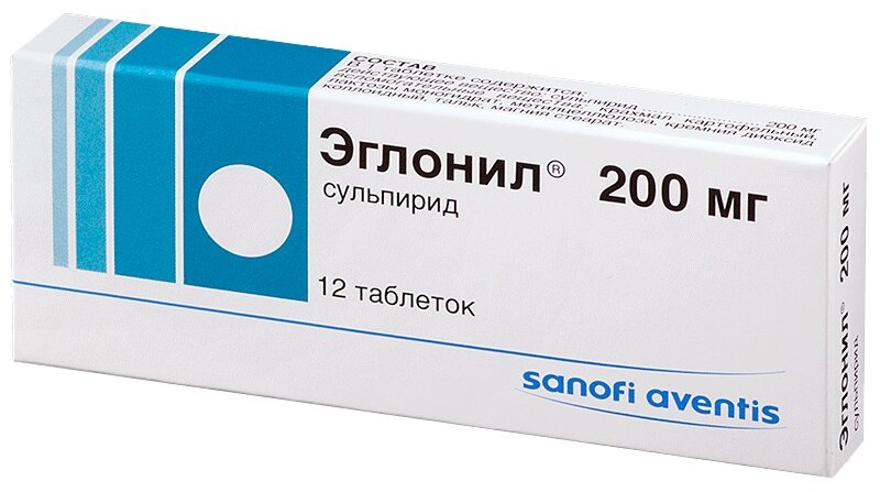 Упаковка препарата Эглонил 200 мг (сульпирид), 12 таблеток, Sanofi Aventis